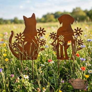 Wunderschönes Beetstecker Set Katze und Hund mit Blumen